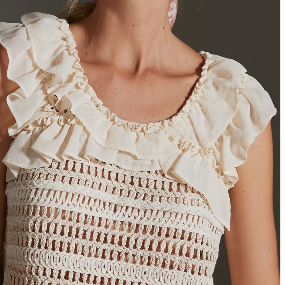 Anthropologie cream ivory Ruffled Crochet Tank Top - Picture 4 of 10